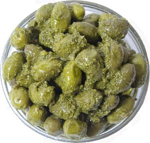 Olives vertes Picholine au pistou 250g / 4+1 OFFERT sur les sachets olives 250g